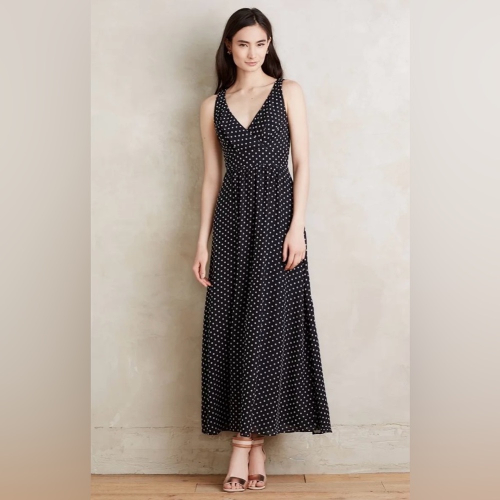 Anthropologie by Eva Franco black polka dot sleeveless vneck maxi dress